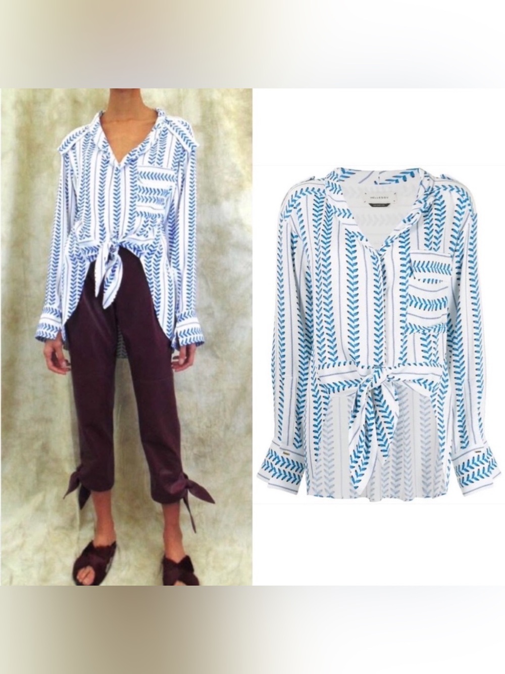 HELLESSY Tie-Front Printed Blouse in White and Sky Blue *FLAWED read description